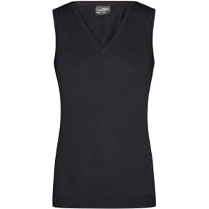 A sleeveless ladies V-neck vest in black, featuring a fitted design and a branding logo.