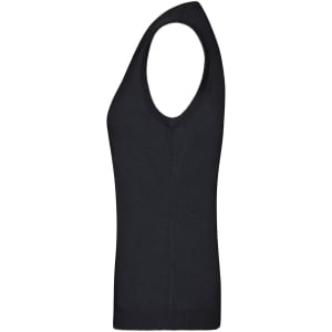 A black ladies v-neck vest with a fitted design, featuring a sleeveless cut and a ribbed hem.