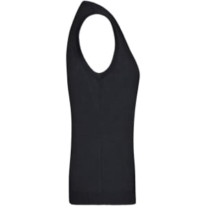 A black ladies v-neck vest made from knitted material, featuring sleeveless design and a fitted silhouette.