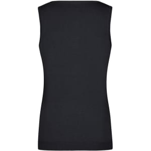 A black ladies v-neck knitted vest with a fitted design and no sleeves. Features a branding logo.