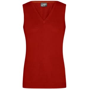 A red ladies' V-neck vest from the knitted jumpers category, featuring a sleek design and a logo.