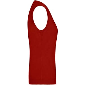 A red ladies V-neck vest made from knitted material, featuring a fitted silhouette and side seam detail.