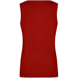 A red ladies v-neck vest with a fitted design, showcasing a sleeveless back view. It has a subtle logo.