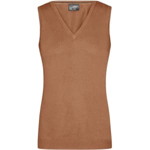 A sleeveless, V-neck vest in a warm tan colour, featuring a fitted design and ribbed hem. It has a logo.