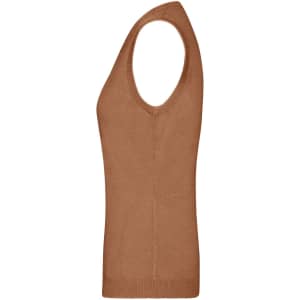 A ladies' v-neck vest in a warm tan colour, featuring a fitted silhouette and a ribbed hem.