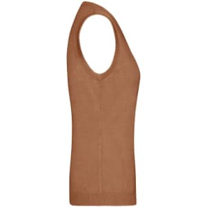 A brown ladies v-neck vest made from knitted material, featuring a sleeveless design and a fitted silhouette.
