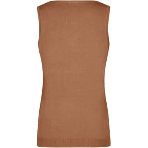 A brown ladies v-neck vest with a fitted design, featuring a plain back and no sleeves.