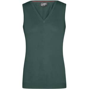 A green ladies v-neck vest in a knitted style, featuring a sleeveless design and a fitted silhouette.