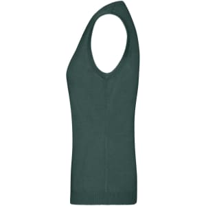 A ladies' knitted vest in a dark green colour, featuring a V-neck and sleeveless design.
