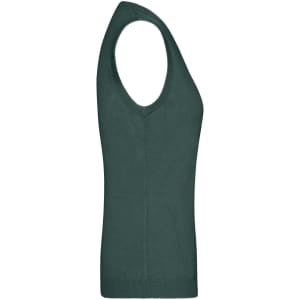 A knitted ladies' vest in dark green with a V-neck and sleeveless design. It features a logo.