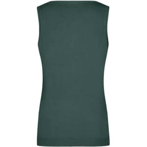 A green ladies' v-neck vest, featuring a knitted design and a fitted silhouette. The back view is displayed.