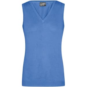 A ladies blue V-neck knitted vest featuring a sleeveless design and a logo on the label.