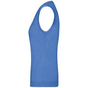 A blue ladies v-neck vest with a fitted silhouette and wide armholes, featuring a simple design.
