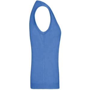 A blue ladies V-neck vest made from knitted fabric, featuring a sleeveless design and a fitted silhouette.