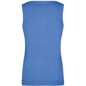 A blue knitted ladies' vest with a V-neck and sleeveless design, featuring a plain back.