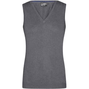 A grey ladies V-neck vest, featuring a sleeveless design and a soft knitted texture. It includes a logo on the label.