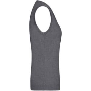 A grey ladies V-neck vest with a fitted design, featuring a knitted texture and no sleeves.