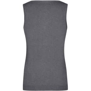 A ladies' grey knitted vest with a V-neck design and no sleeves, featuring a logo.