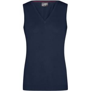 A navy sleeveless V-neck vest with a fitted design and a subtle logo on the label.