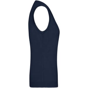 A navy V-neck vest with a sleeveless design, featuring a fitted silhouette and a simple logo.