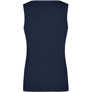 A navy blue ladies V-neck vest with a fitted design and no sleeves. It features a logo on the back.