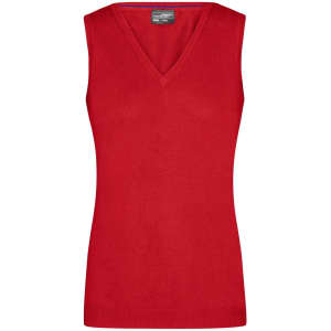 A red ladies V-neck vest from the knitted jumpers category. It features a branded label.