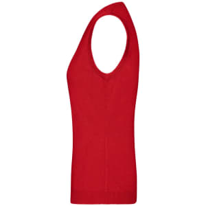 A red ladies V-neck vest featuring a sleeveless design and knitted fabric, showcasing a fitted silhouette.
