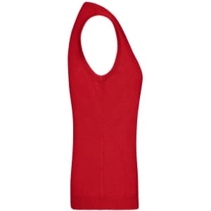 A red ladies V-neck vest from the knitted jumpers category, featuring a sleeveless design and a fitted silhouette.