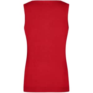A red sleeveless vest with a V-neck design, featuring a smooth, knitted texture from the back view.