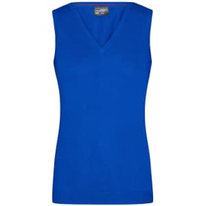 A vibrant blue ladies v-neck vest with a fitted design, made from knitted fabric. It features a branding logo.