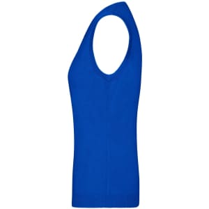 A blue ladies v-neck vest featuring a sleeveless design, showcasing a fitted silhouette.