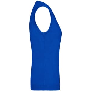 A blue ladies v-neck vest, featuring a fitted design and sleeveless style. It has a logo on the material.