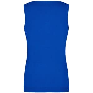 A blue, sleeveless v-neck vest made from knitted material, featuring a solid design and a branding logo.