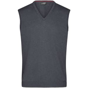 A grey men's v-neck vest with a sleeveless design, featuring a subtle texture and a logo label.