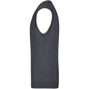 A dark grey men's V-neck vest, featuring a sleeveless design and a logo at the hem.