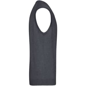 A dark grey men's V-neck vest with a knitted texture and sleeveless design.
