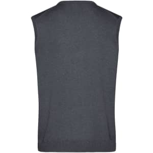 A knitted men's V-neck vest in dark grey, featuring a sleeveless design and a back view. Includes branding detail.