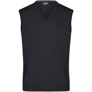 A sleeveless men's V-neck vest in black, featuring a simple, classic design and a logo.