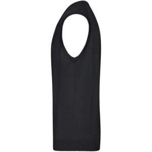 A black men's v-neck vest with a sleeveless design, featuring a ribbed hem and a logo.