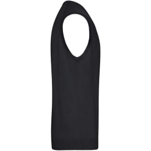 A black men's v-neck knitted vest with a sleeveless design. It features a logo on the side.