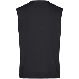 A black men's V-neck vest with no sleeves, featuring a simple knitted design and a logo on the back.