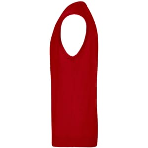 A red men's V-neck vest, featuring a sleeveless design and a fitted shape. It has a logo branding.