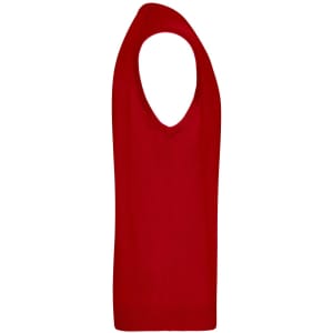 A red men's V-neck vest with a sleeveless design, displaying a smooth knitted texture. It features a logo.