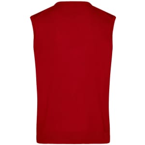 A red men's V-neck vest with no sleeves, featuring a simple design and a logo.