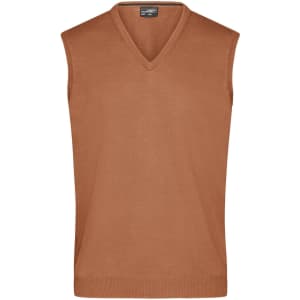 A men's v-neck vest in a warm brown shade, featuring a sleeveless design and a knitted texture.