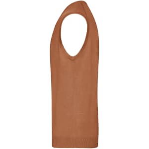 A knitted men's vest in a warm brown hue with a V-neck design and sleeveless style.