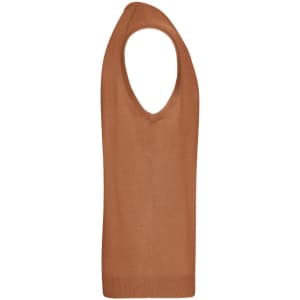 A men's knitted v-neck vest in a warm orange-brown colour, featuring a deep v-neck and sleeveless design.