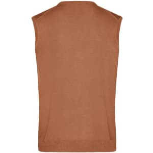 A men's v-neck vest in a warm brown colour, featuring a sleeveless knitted design and a subtle logo.