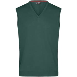 A men's v-neck vest in dark green with a sleeveless design and a subtle logo.