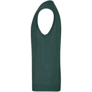 A green men's v-neck vest with a sleeveless design, featuring a smooth knitted texture.